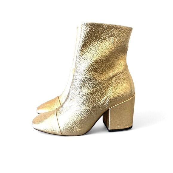 MANGO Gold Metallic Leather Ankle Boots With Block Heel & Side Zip Closure Sz 7 - Picture 2 of 16